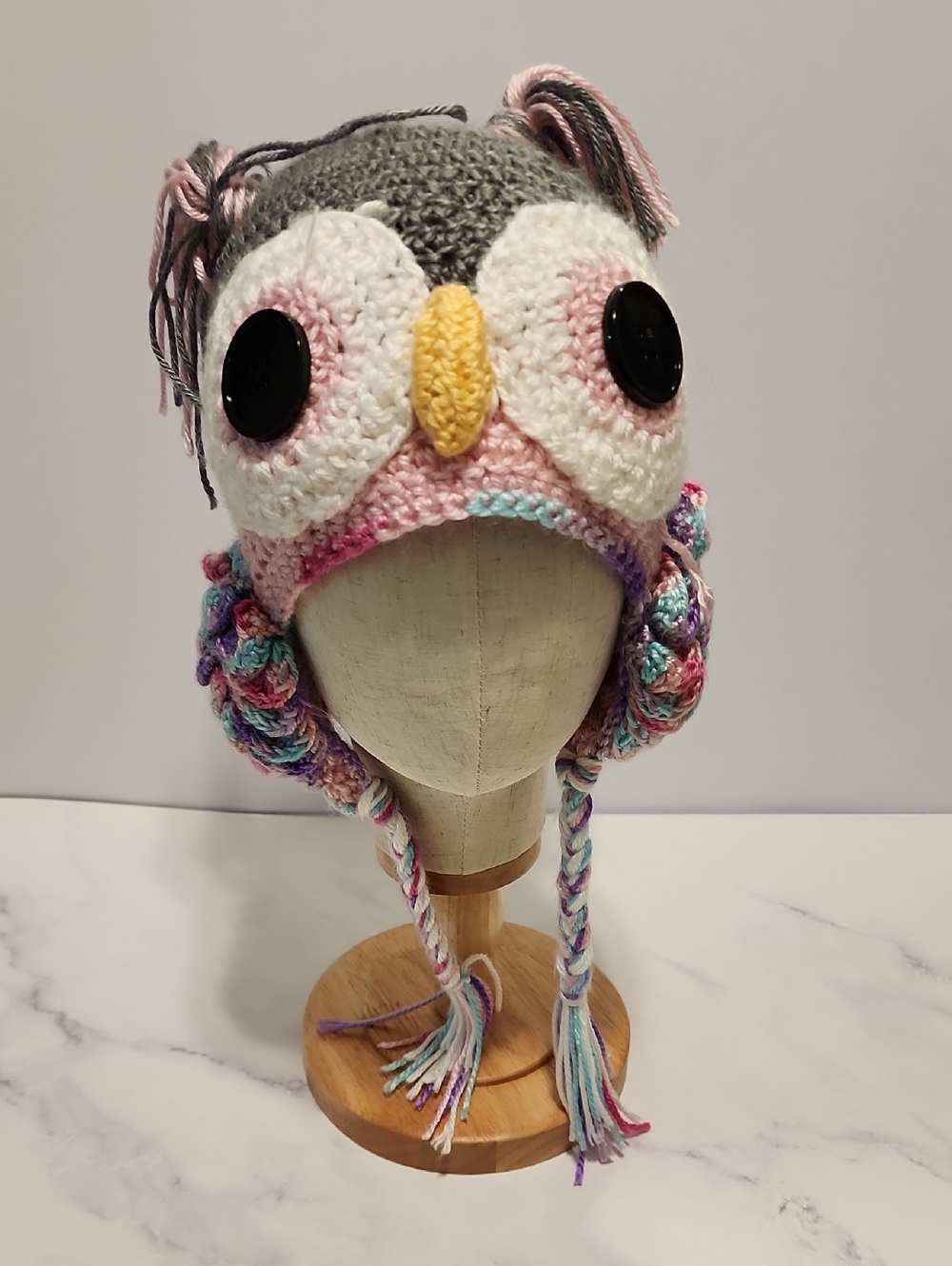 Owl  Gra&  Pink  Winter Braids  Hat Handmade